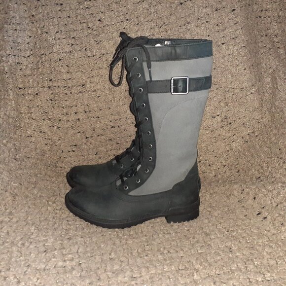 UGG-Brystl-Grey Black Leather-Fur Lined-Waterproof-Side Zip-Sz 5.5-Near Mint - Picture 2 of 9